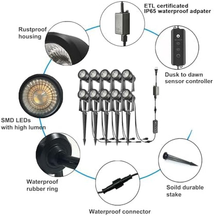SUNTHIN 10 Pack Landscape Lights with Dusk to Dawn Sensor Controller