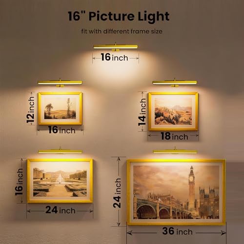 Picture Light 3Pack- 16in Picture Lights for Wall, 5000mAh Wireless Rechargeable Battery Picture Lights, Wall Light, Art Display Light for Gallery Artwork, Paintings, Portraits, Dartboards- Gold