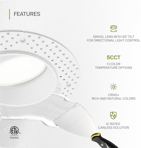 ASD 4 Inch Trimless Gimbal LED Recessed Ceiling Light, Adjustable Directional Downlight with Junction Box, 5CCT 2700K-5000K, 17W 1623 Lumens, CRI90+, Anti-Glare, Dimmable, IC & Wet Rated, ETL, 18 Pack