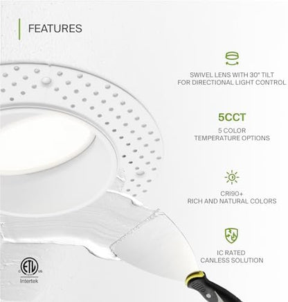 ASD 4 Inch Trimless Gimbal LED Recessed Ceiling Light Fixture, Adjustable Directional Downlight with Junction Box, 5CCT 2700K-5000K, 17W 1623 Lumens, CRI90+, Anti-Glare, Dimmable, IC & Wet Rated, ETL