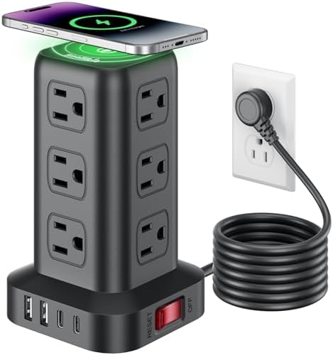 Extension Cord with Multiple Outlets, SMALLRT Power Strip Tower, Outlet Extender with 12 AC Outlets 4 USB, 6.5FT Extension Cord for Home Dorm Room, Office Supplies, Overload Protection