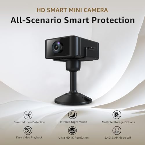 4K Hidden Camera, Wireless Mini Spy Camera with WiFi, Night Vision, Motion Detection Alerts, App Remote View, Rechargeable Battery, SD Card & Cloud Storage, Nanny Cam for Home, Office and Pets, Black
