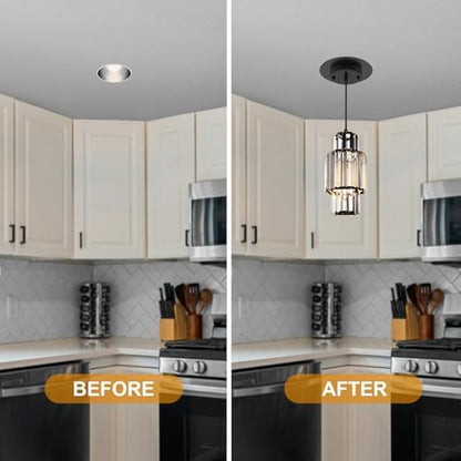 5" and 6" Recessed Can Light Conversion Kit, Fixture Upgrade, Pendant & Hanging Light, Ceiling Fan Compatible, 7¾ Inch Flat Steel Ceiling Medallion, Black Finish