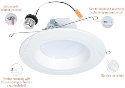 HALO RL 5/6 in LED Recessed Light Trim Selectable Color Temperature 2700K 3000K 3500K 4000K 5000K Dimmable Dim to Warm 600 Lumens Wet Location Indoor Outdoor Retrofit Downlight RL56069FSD2W1EWH