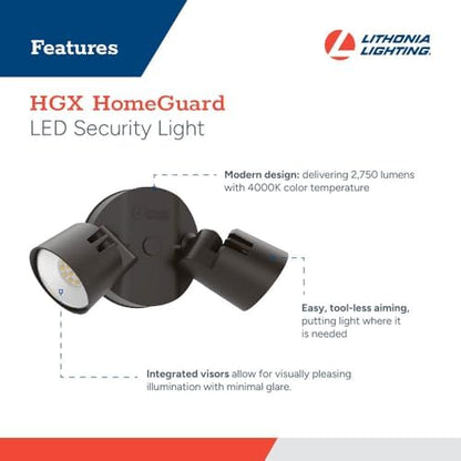 Lithonia Lighting HomeGuard 2-Light LED Outdoor Flood Lights, Wall or Ceiling Mount Outdoor Lights, 4000K Cool White, Round Heads, Dark Bronze, 2-Pack (HGX LED 2RH 40K 120 DDB CP2 M2)