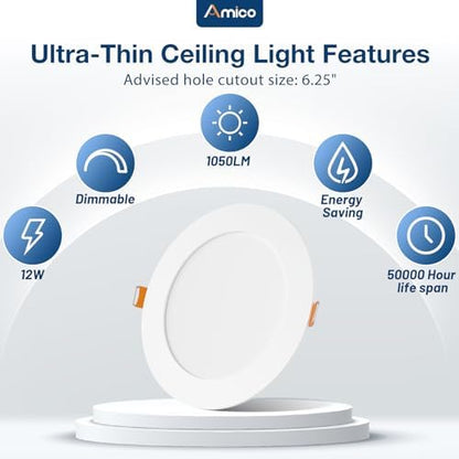 Amico 36 Pack 6 Inch 5CCT Ultra-Thin LED Recessed Ceiling Light, 5CCT, 12W