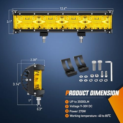 Nilight Side Shooter LED Light 1PC 12 Inch Yellow Beam with Wiring Kit