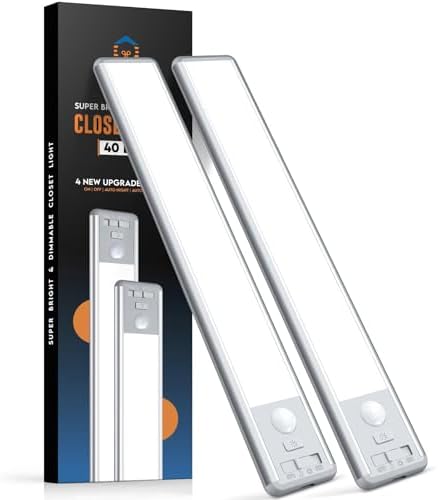 Reoshine Under Cabinet Lighting, 40 LED Motion Sensor Light Indoor Rechargeable, 1800mAh Closet Lights Battery Operated for Kitchen Cabinets, Shelves, Walls (2 Pack)