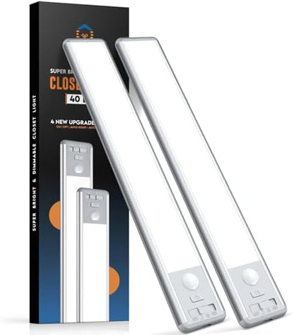 Reoshine Under Cabinet Lighting, 40 LED Motion Sensor Light Indoor Rechargeable, 1800mAh Closet Lights Battery Operated for Kitchen Cabinets, Shelves, Walls (2 Pack)