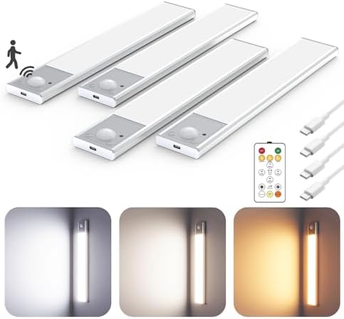 8" Under Cabinet Lighting Wireless, Remote, Motion Sensor, 4Pack, Silver