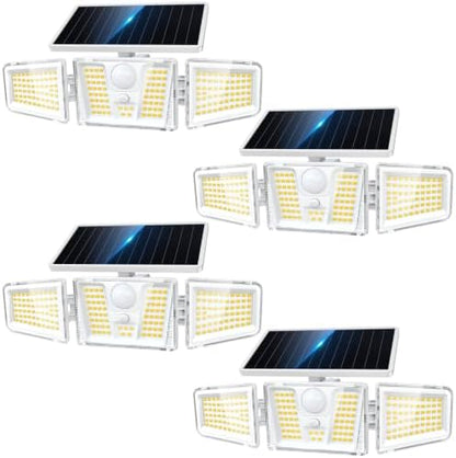 KOOPER Solar Flood Lights, 210 LED Motion Sensor Outdoor Lights, Solar Motion Lights Outdoor Waterproof, 3 Heads 300° Wide Angle Outdoor Security Lights for Yard Patio Garage Entryways, 4 Pack, White