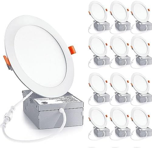 12 Pack 6 Inch Ultra-Thin LED Recessed Ceiling Light with Junction Box, 6000K Daylight White, 12W 110W Equivalent, Canless Wafer Slim Panel Downlight, 1050LM High Brightness