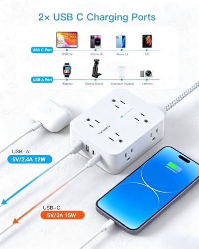 HANYCONY Ultra-Thin Flat Plug Extension Cord, 8-Outlet Surge Protector 5Ft