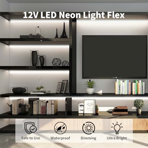 12V Neon Rope Light, 5M White Silicone LED Strip Lights, Waterproof Flexible Dimmable Neon Strip Lights Kit for Bedroom Mirror TV Backlight Wardrobe Monitor Kitchen Cabinet Indoor Outdoor DIY Lighting