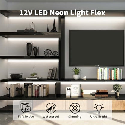 12V Neon Rope Light, 5M White Silicone LED Strip Lights, Waterproof Flexible Dimmable Neon Strip Lights Kit for Bedroom Mirror TV Backlight Wardrobe Monitor Kitchen Cabinet Indoor Outdoor DIY Lighting