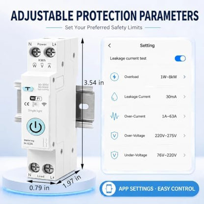 Smart WiFi Switch, AC90‑300V 63A, Leakage Protection Circuit Breaker | Tuya/Smart Life APP Remote Monitor, Voltage Power Energy, Timer Switch, Overload Over‑Current Over/Under‑Voltage Alarm