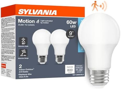 Sylvania A19 Dusk to Dawn LED Light Bulb with Motion Sensor, 8.5W = 60W, Frosted Finish, 90 CRI, Security/Safety Bulb, Damp-Rated, 5000K, Daylight - 2 Pack (42711)