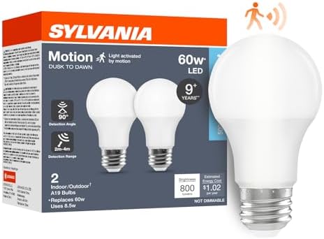 Sylvania A19 Dusk to Dawn LED Light Bulb with Motion Sensor, 8.5W = 60W, Frosted Finish, 90 CRI, Security/Safety Bulb, Damp-Rated, 5000K, Daylight - 2 Pack (42711)