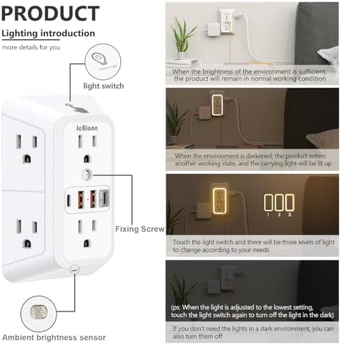 Multi Plug Outlet Surge Protector, 6 Outlet Extender and 4 USB with PD30W USB-C Fast Charging, 3-Sided 1050J Surge Protector Power Strip with Night Light for Home Travel Office-ETL