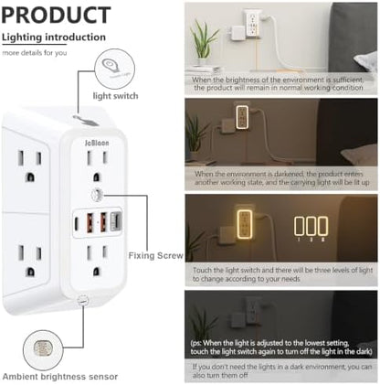 Multi Plug Outlet Surge Protector, 6 Outlet Extender and 4 USB with PD30W USB-C Fast Charging, 3-Sided 1050J Surge Protector Power Strip with Night Light for Home Travel Office-ETL