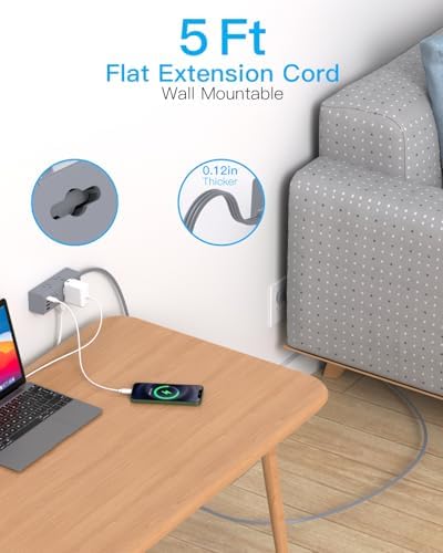 5Ft Extension Cord with Multiple Outlets, Flat Plug Power Strip Surge Protector with 5 Ft Long Cord, 6 Outlet 4 USB Ports (2 USB C), Multi Outlet Wall Plug for College, Dorm Room Essentials(Grey)