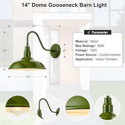 14 Inch Dome Outdoor Gooseneck Barn Lights Olive Green Farmhouse Exterior Wall Lights for Porch, 2Pack Patio Barn Style Wall Mount Gooseneck Lighting for House, Garage