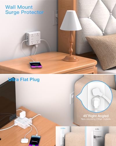 One Beat Surge Protector Power Strip, 6 Ft Ultra Thin Flat Extension Cord