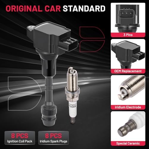 BDFHYK 8 Ignition Coil Pack UF551 and 8 Iridium Spark Plug 4505 Compatible with INFINITI 07-10 QX56,Compatible with Nissan 07-15 Armada, 12-15 NV2500 NV3500, 08-12 Pathfinder Coil for 5C1729 E1051