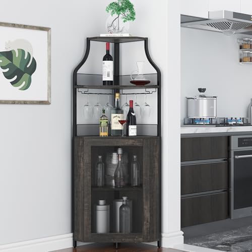 GAOMON Corner Bar Storage Cabinet, 5-Tier Farmhouse Liquor Cabinet with Glass Holder Wine Cabinet with Barn Door & Adjustable Shelf, Home Bar Storage for Home,Dining Room, Kitchen, Oak Gray