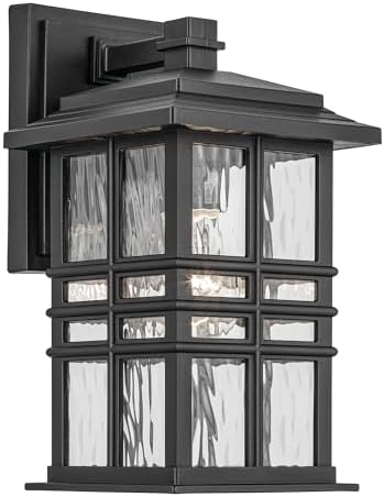 Kichler Beacon Square 12" 1-Light Outdoor Wall Light with Clear Hammered Glass in Textured Black, for Exterior Doors, Garage, Porch, or Patio (12" x 6.5"), 49829BKT