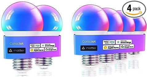 Consciot Matter Smart Light Bulbs 2 Pack & Matter Smart Light Bulbs 4 Pack