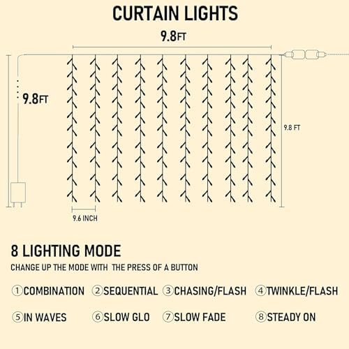 Dazzle Bright 300 LED Curtain String Lights, Christmas Fairy Lights for Bedroom with 8 Lighting Modes, Connectable Waterproof Window Lights Party Wedding Garden Wall Decor, White