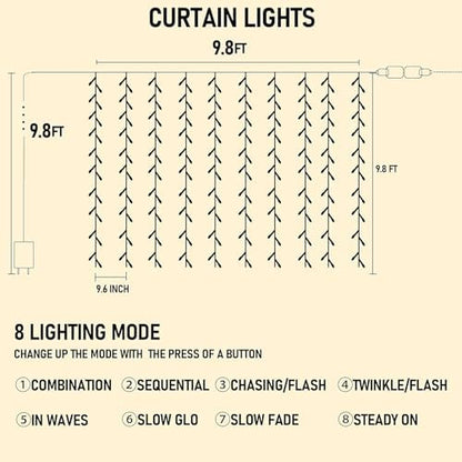 Dazzle Bright 300 LED Curtain String Lights, Christmas Fairy Lights for Bedroom with 8 Lighting Modes, Connectable Waterproof Window Lights Party Wedding Garden Wall Decor, White