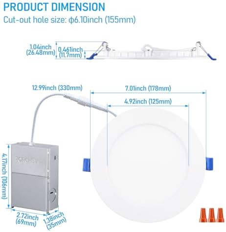 TORCHSTAR 12-Pack 6 Inch Ultra-Thin LED Recessed Light, CRI90 12W, 5000K