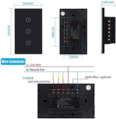 Jinvoo WiFi Wall Light Touch Panel Switch, 3 gang 2 way, Remote Control by Smart Phone,No Hub Required, AC 120V, works with Amazon Echo, Google Home, Black