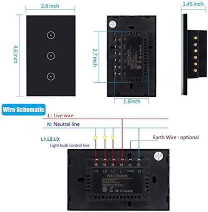 Jinvoo WiFi Wall Light Touch Panel Switch, 3 gang 2 way, Remote Control by Smart Phone,No Hub Required, AC 120V, works with Amazon Echo, Google Home, Black