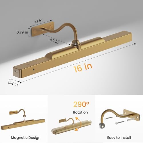 Picture Light Battery Rechargeable, 3Pack Picture Light for Wall with Remote, 3 Color Modes and Dimmable Classic Art Lights for Paintings, Pictures in Gallery, Bedroom, with Timer_Antique Gold