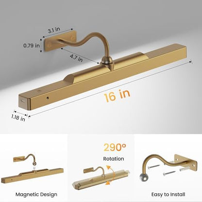 Picture Light Battery Rechargeable, 3Pack Picture Light for Wall with Remote, 3 Color Modes and Dimmable Classic Art Lights for Paintings, Pictures in Gallery, Bedroom, with Timer_Antique Gold