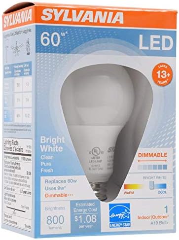 Sylvania A19 LED Light Bulb, 9W, 60W Equivalent, 13 Year, Dimmable, 800 Lumens, 3500K, Bright White - 2 Pack (71185)