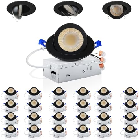 Adetu 3 Inch Black Gimbal LED Recessed Light, 5CCT, 7W=65W, 798LM, 24 Pack