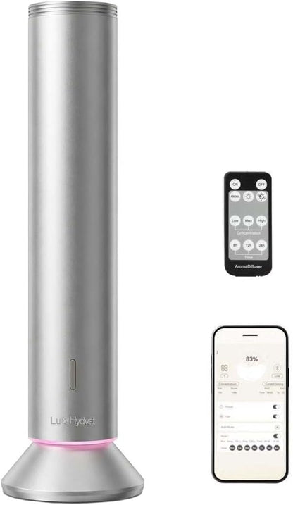 Waterless Essential Oil Diffuser: Smart App & Remote Control, 4000 Sq Ft Coverage, Quiet Aroma Diffuser for Large Room Home Hotel Office, Up to 20H Runtime, 360° Light & Time (Silver, Cylindrical)