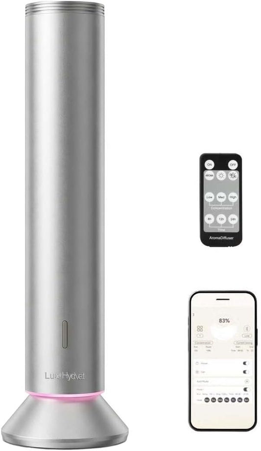 Waterless Essential Oil Diffuser: Smart App & Remote Control, 4000 Sq Ft Coverage, Quiet Aroma Diffuser for Large Room Home Hotel Office, Up to 20H Runtime, 360° Light & Time (Silver, Cylindrical)