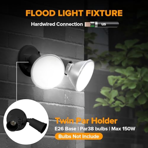 LUTEC 6 Pack Adjustable Twin Par Holder Outdoor Flood Lights, Switch Controlled Security Lights, Floodlights Fixture, Waterproof Exterior Max 300 Watt Par38 Flood Light for Garage, Yard, Porch-Black
