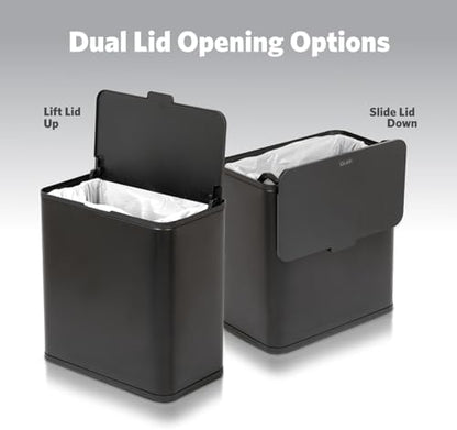 Glad Roomate Under Counter Trash Can - Space Saving Stainless Steel Waste Bin with Dual Lid and Clorox Protection - Small Black Trash Can for Kitchen Cabinet, Under Sink, or Bathroom, 1.5 Gallon (6L)