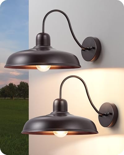 EDISHINE 12" Farmhouse Gooseneck Barn Light, 2 Pack Outdoor Wall Light