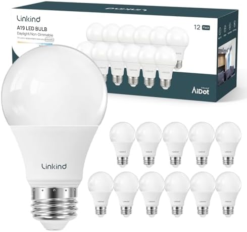 Linkind A19 LED Light Bulbs, 60 Watt Equivalent, 5000K Daylight 12 Packs