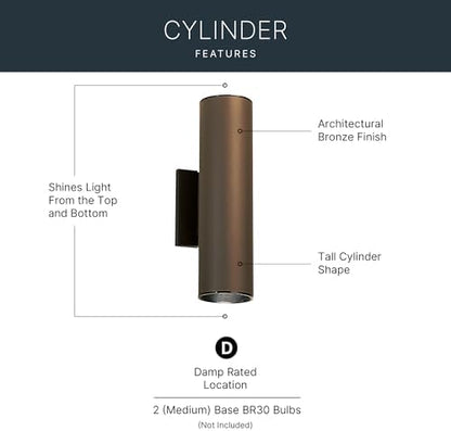 Kichler Cylinders 12" 2-Light Outdoor Cylinder Wall Sconce in Architectural Bronze, (12" H x 4.75" W), 9244AZ