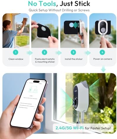 BOTSLAB Dual-Lens 4MP Window Camera for Home Security, No Drill, Anti-Glare