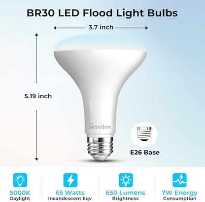 GvvooHome 6 Pack BR30 LED Flood Light Bulbs, 7W (65W Equivalent), 5000K Daylight White, 650 Lumens, E26 Base, Dimmable, Indoor Recessed Can Lighting for Living Room, Bedroom, Kitchen