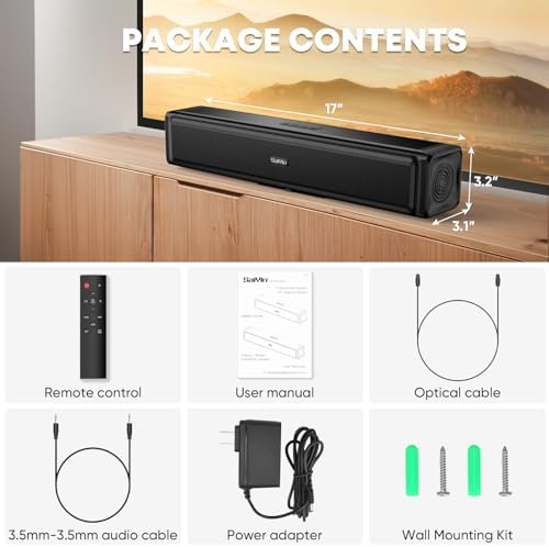 Saiyin Sound Bar,Soundbar for TV with 4 Powerful Speakers,Surround Sound System for TV,17 inch Soundbar with Bluetooth/HDMI-ARC/Optical/AUX,Wall Mountable